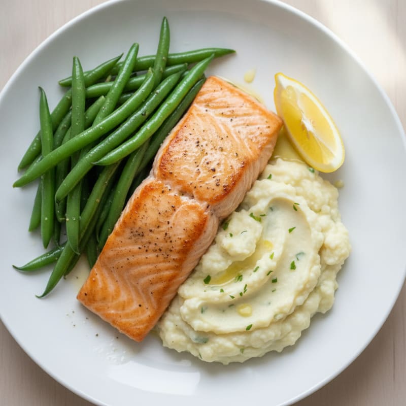 Seared Salmon with Steamed Green Beans and Garlic Mashed Cauliflower
