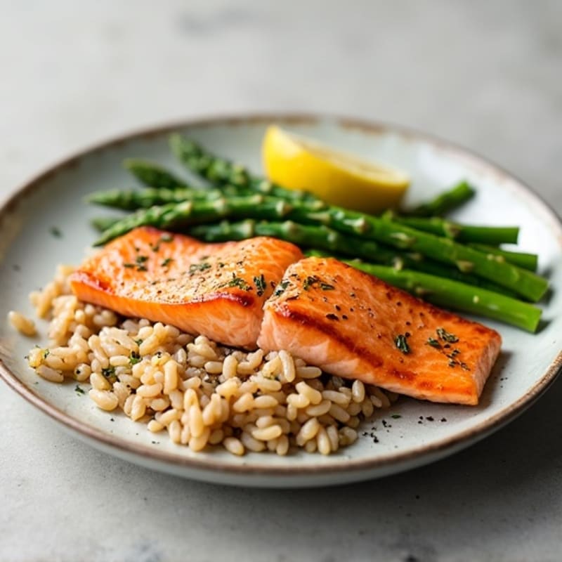 Seared Salmon with Steamed Asparagus and Brown Rice