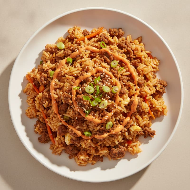 Gochujang Beef Fried Rice with Spicy Drizzle
