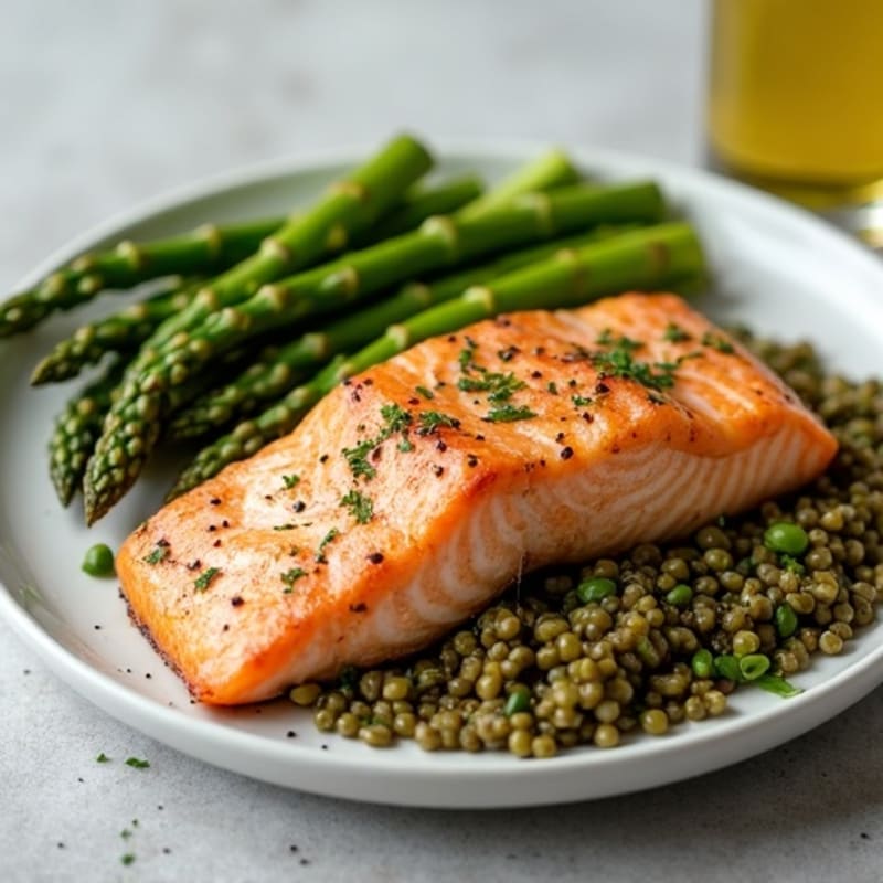 Pan-Seared Salmon with Steamed Asparagus and Lentils