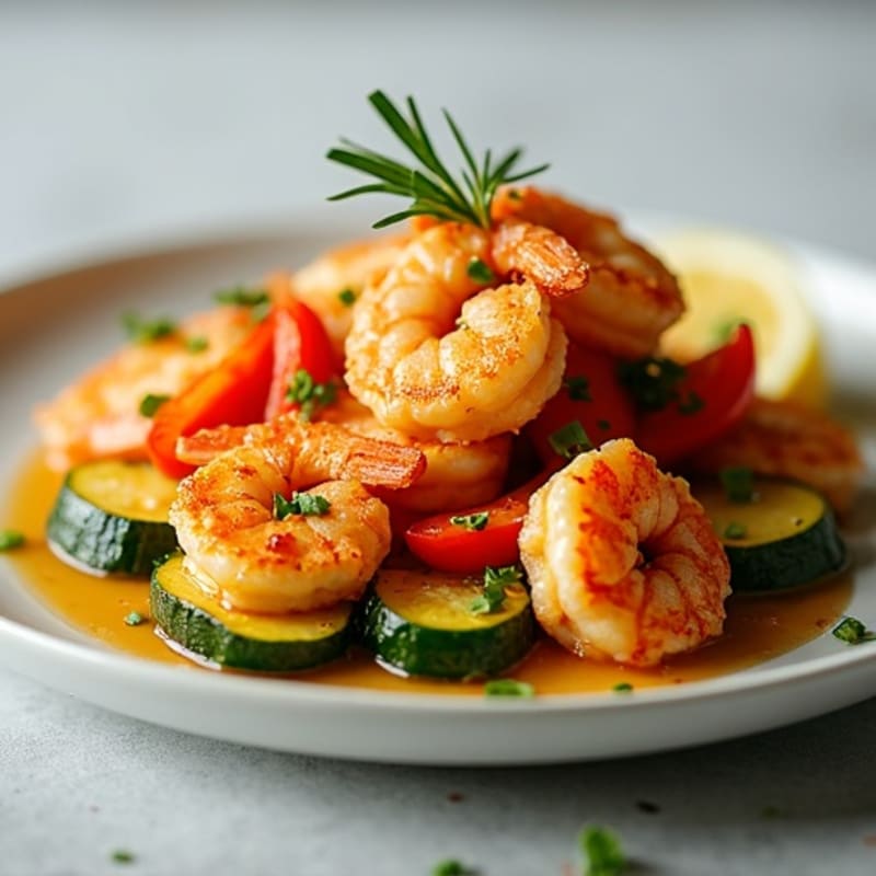 Crispy Lemon-Garlic Shrimp with Sautéed Zucchini and Bell Peppers