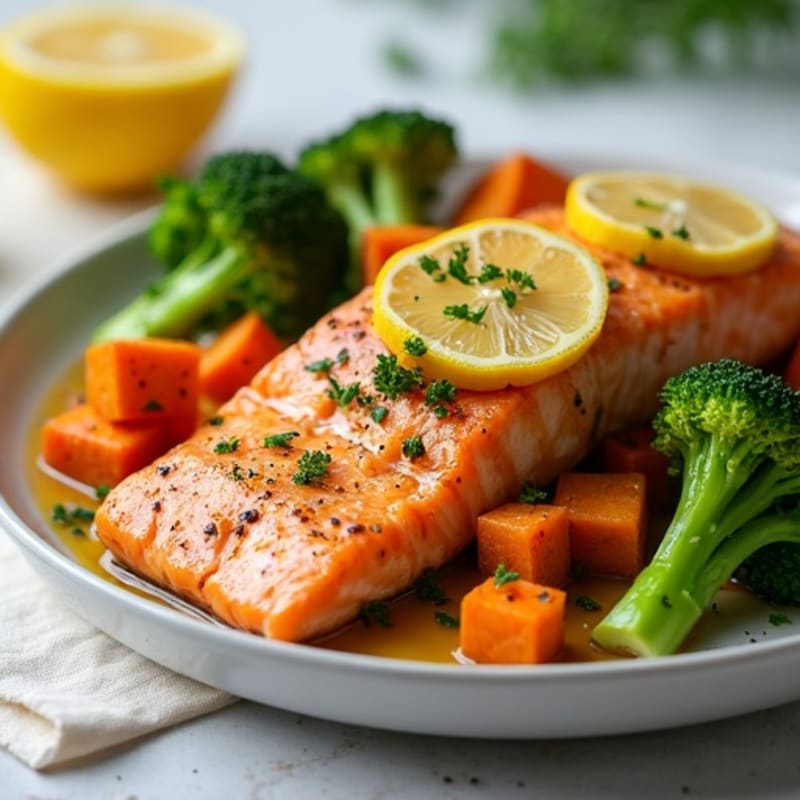 Seared Lemon Garlic Salmon with Roasted Sweet Potatoes and Broccoli