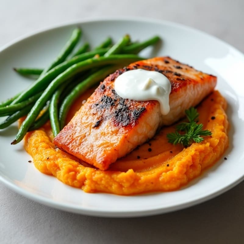 Seared Salmon with Garlic Green Beans and Sweet Potato Mash