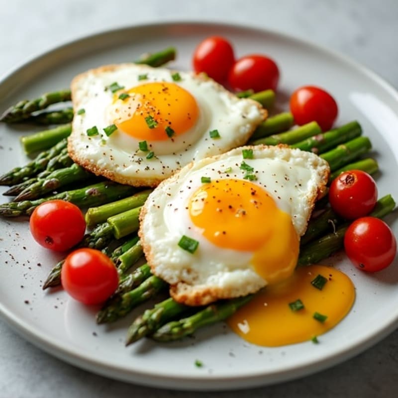 Fluffy Baked Eggs with Roasted Asparagus and Cherry Tomatoes