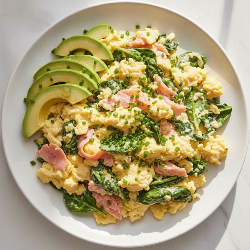 Silky Smoked Salmon Scramble with Spinach and Chives