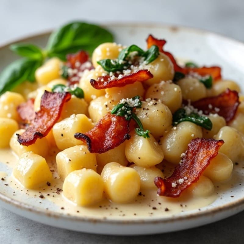 Crispy Bacon Gnocchi with Garlic Cream Sauce