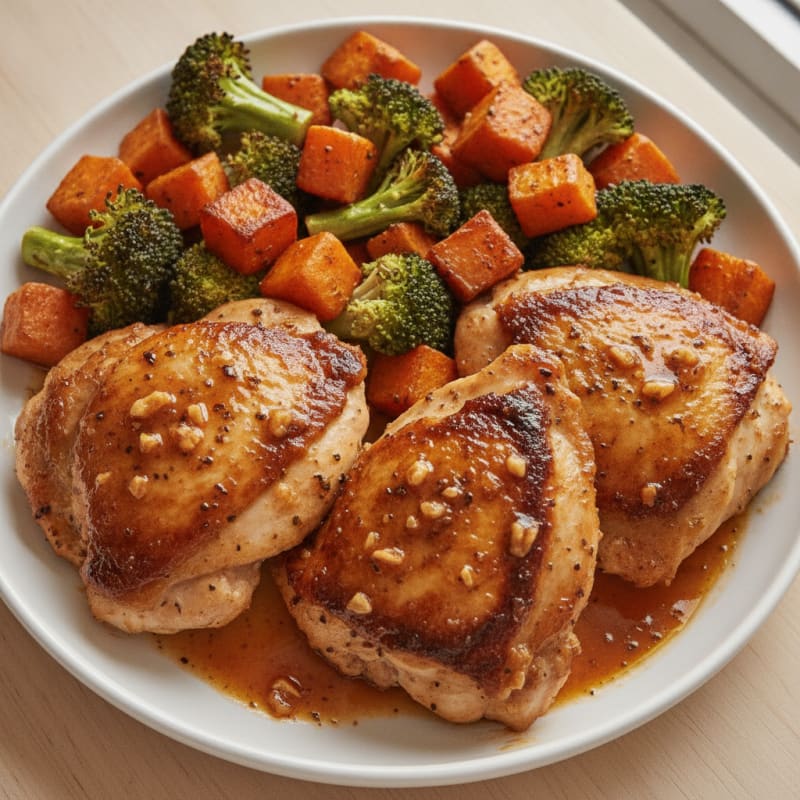 Seared Chicken Thighs with Roasted Broccoli and Sweet Potato