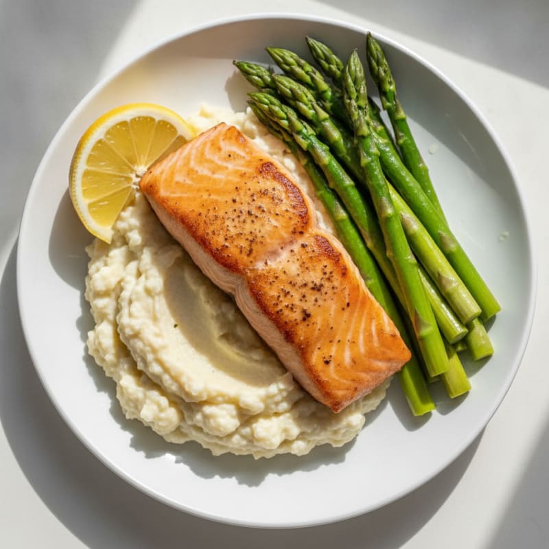 Seared Salmon with Steamed Asparagus and Garlic Cauliflower Mash