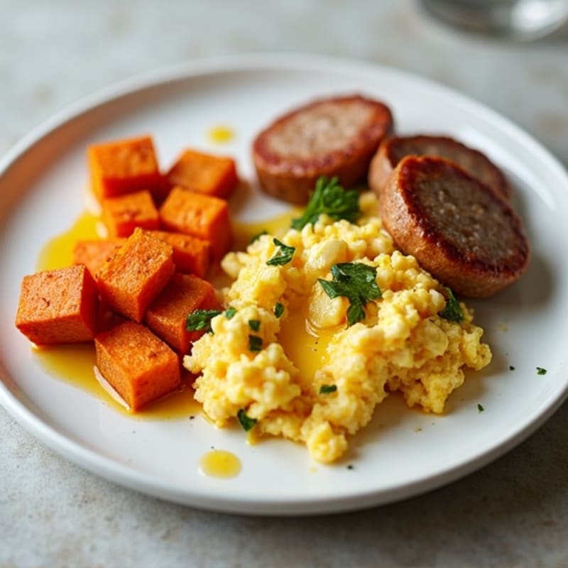 Egg White and Turkey Sausage Scramble with Roasted Sweet Potato