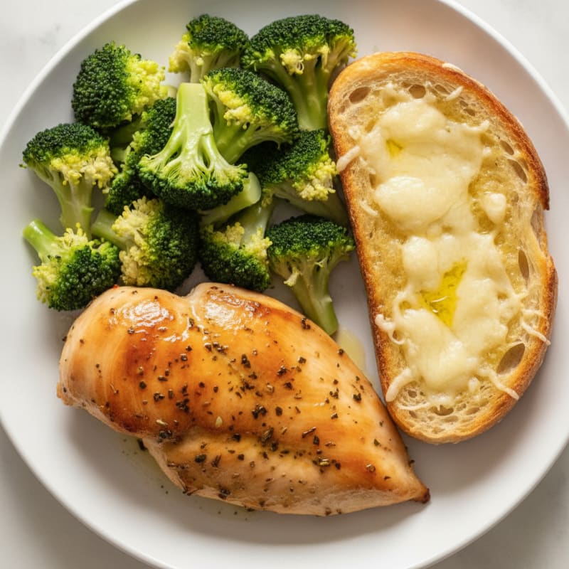 Herb-Roasted Chicken Breast with Steamed Broccoli and Toasted Bread