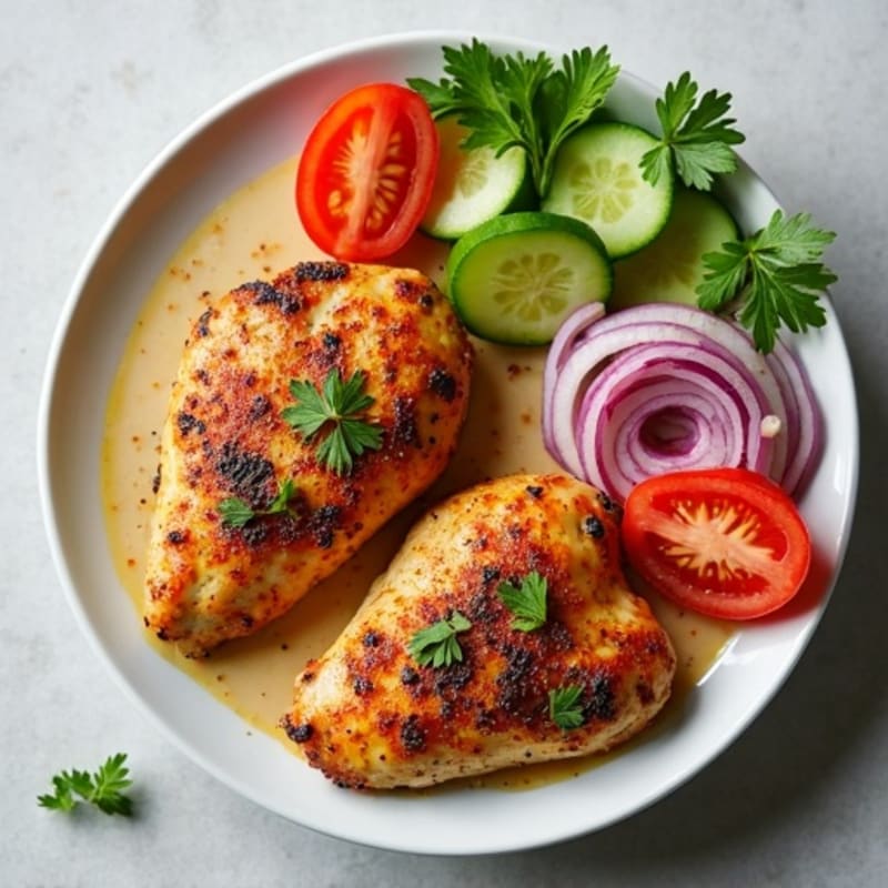 Roasted Spiced Chicken with Fresh Cucumber Tomato Salad and Creamy Tahini