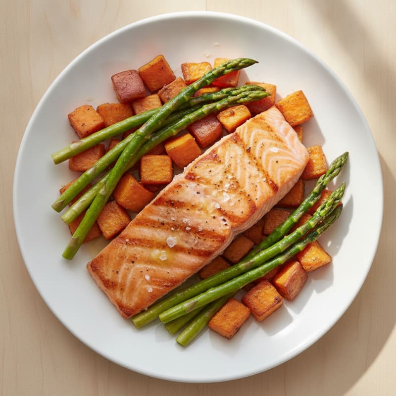 Seared Salmon with Roasted Sweet Potatoes and Asparagus