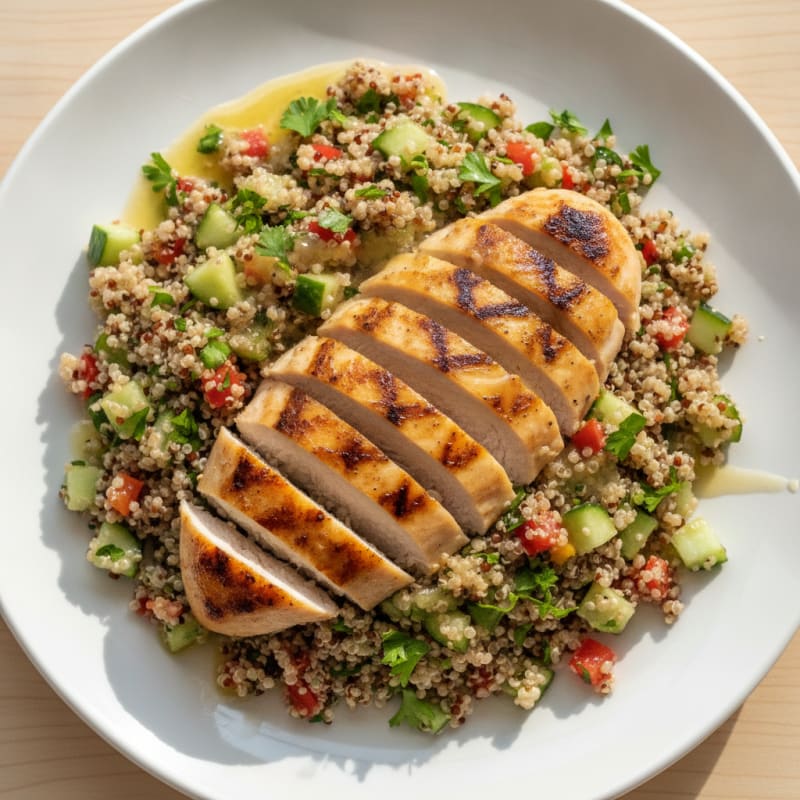 Grilled Chicken Breast with Crunchy Quinoa Salad and Lemon Vinaigrette
