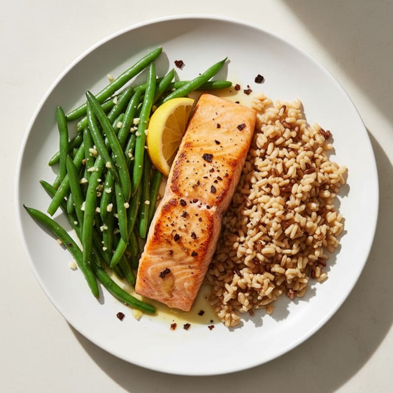 Seared Salmon with Garlic Green Beans and Brown Rice