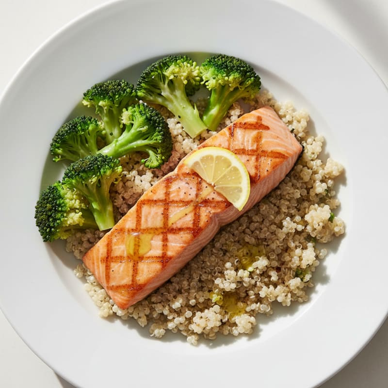 Seared Salmon Fillet with Steamed Broccoli and Quinoa