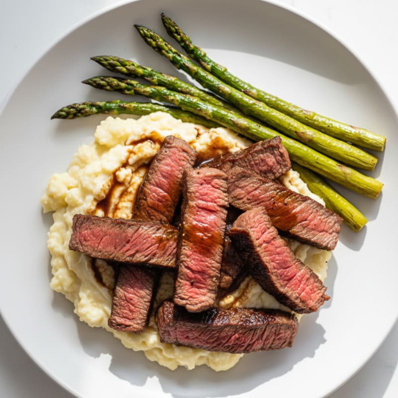 Seared Lean Beef Strips with Roasted Asparagus and Cauliflower Mash