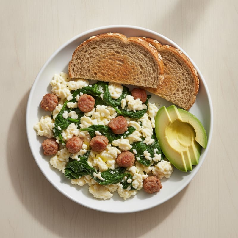 Egg White and Spinach Scramble with Turkey Sausage