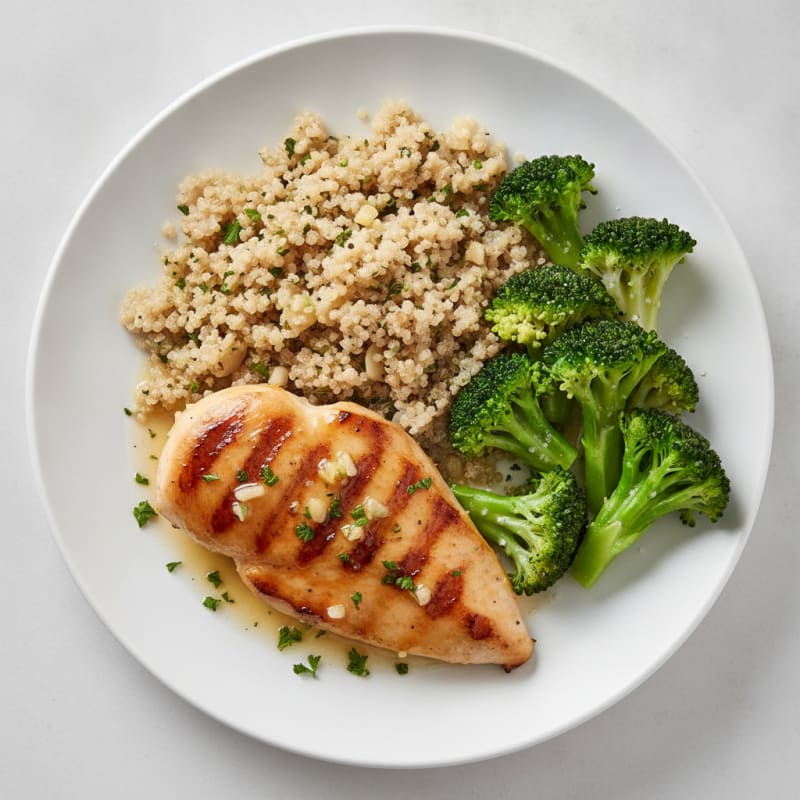 Grilled Lemon Garlic Chicken Breast with Quinoa and Steamed Broccoli