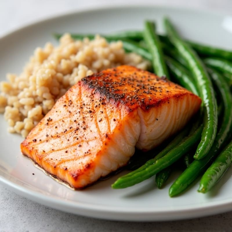 Seared Salmon with Steamed Green Beans and Brown Rice