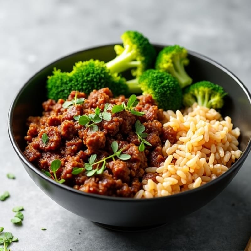 Garlic Ginger Beef and Crispy Broccoli Rice Bowl