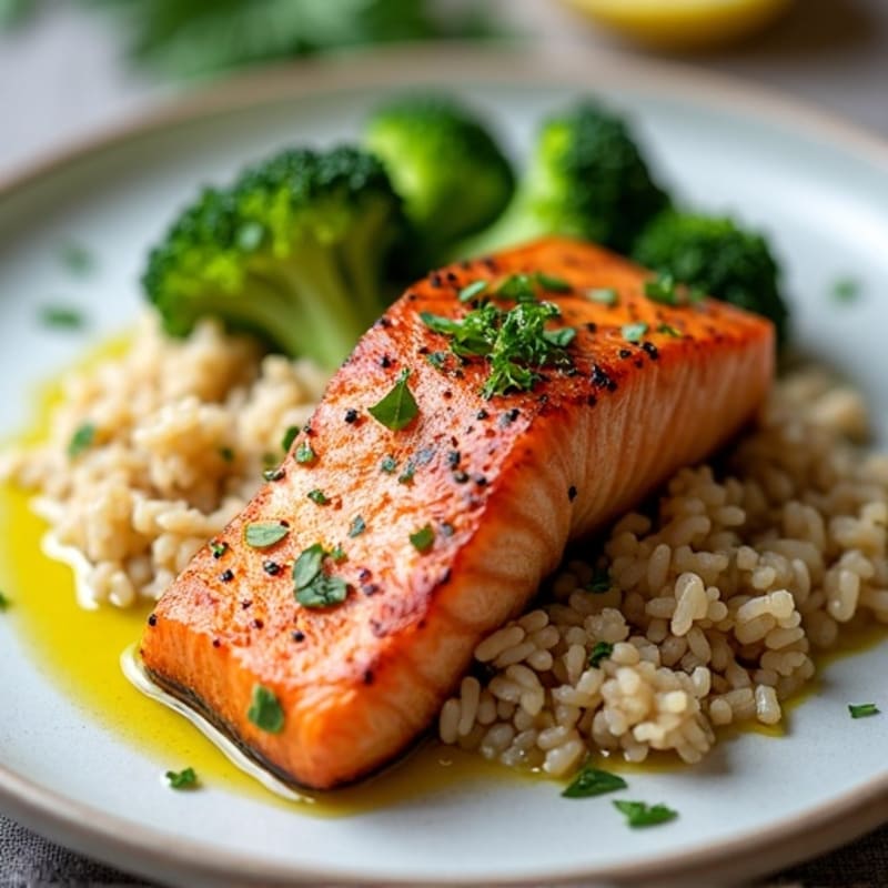 Seared Salmon with Herbed Brown Rice and Steamed Broccoli