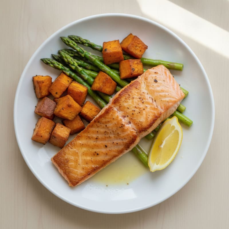 Seared Salmon Fillet with Roasted Sweet Potatoes and Asparagus