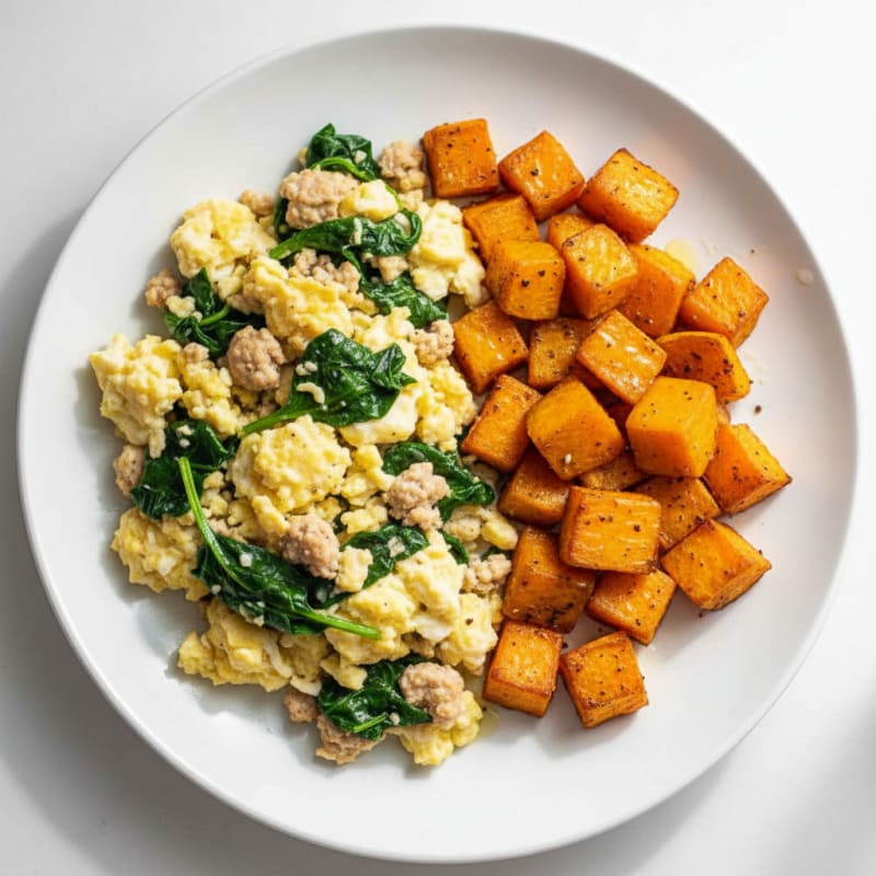 Egg White and Turkey Spinach Scramble with Roasted Sweet Potato