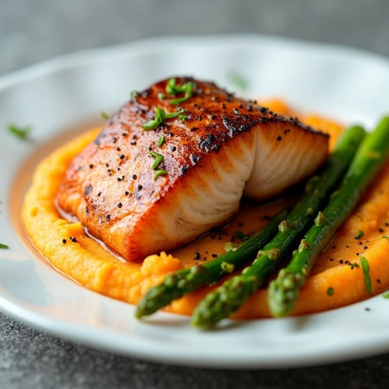 Seared Salmon Fillet with Roasted Asparagus and Sweet Potato Mash