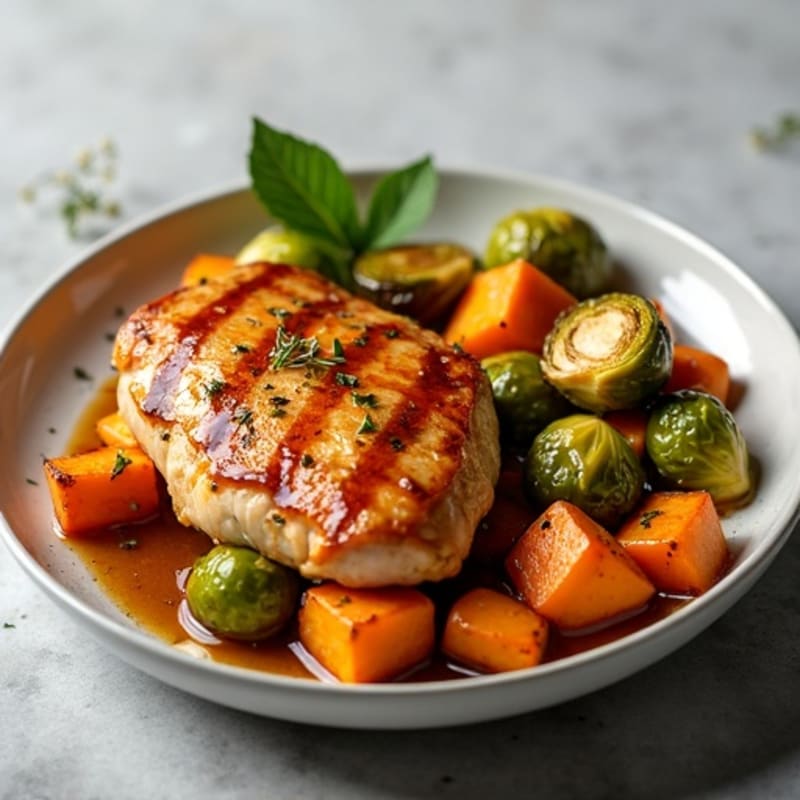 Maple-Glazed Chicken with Roasted Brussels Sprouts and Sweet Potatoes