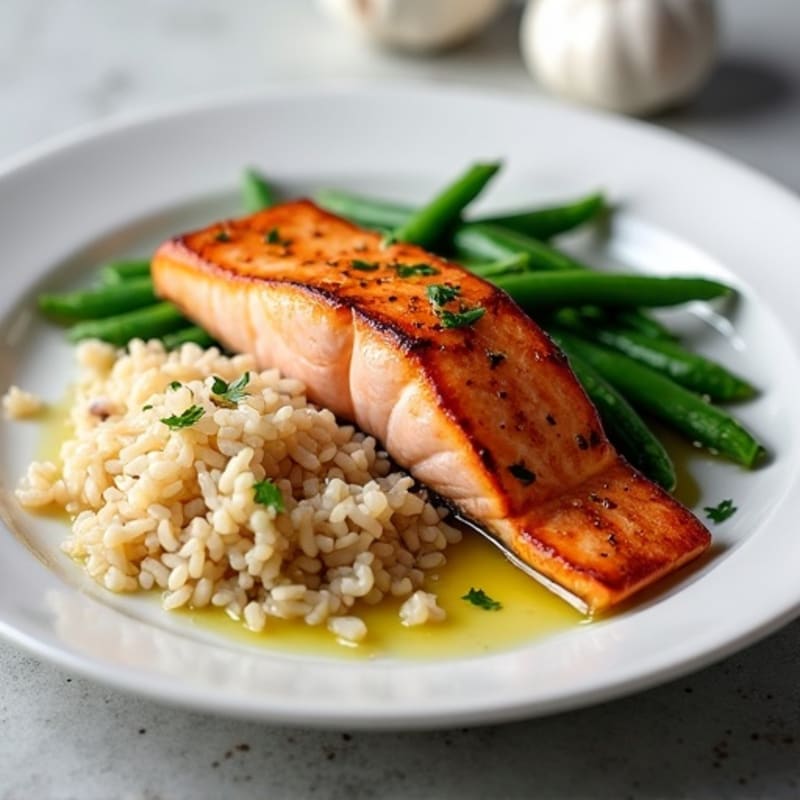 Seared Salmon with Garlic Green Beans and Brown Rice