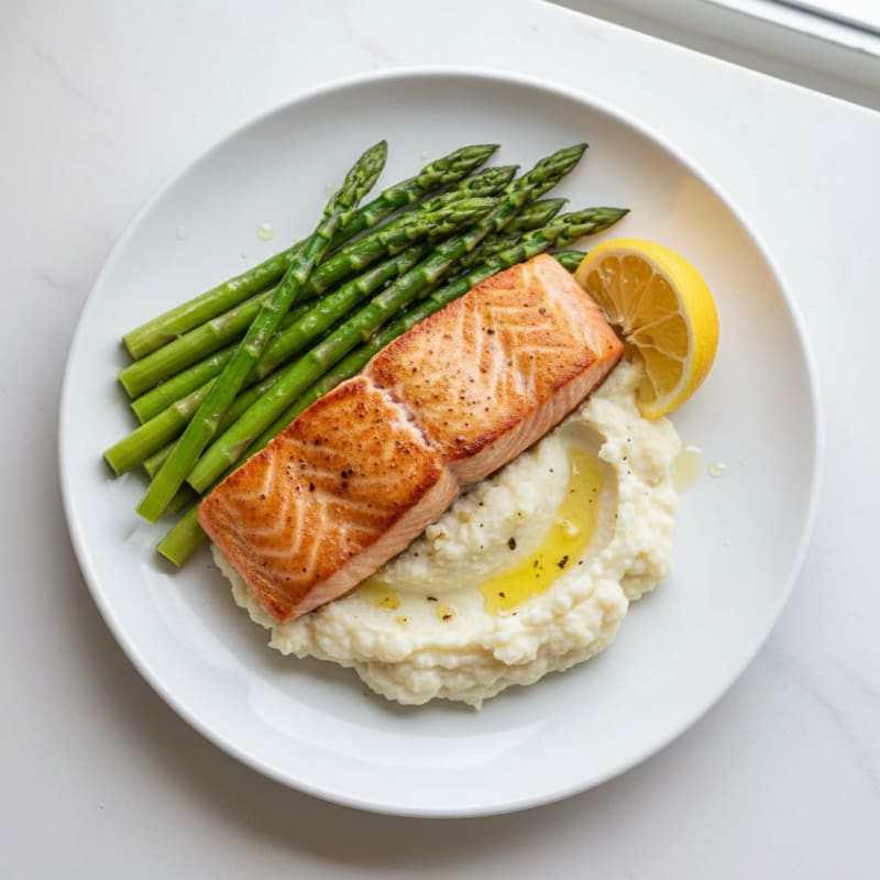 Seared Salmon with Steamed Asparagus and Cauliflower Mash