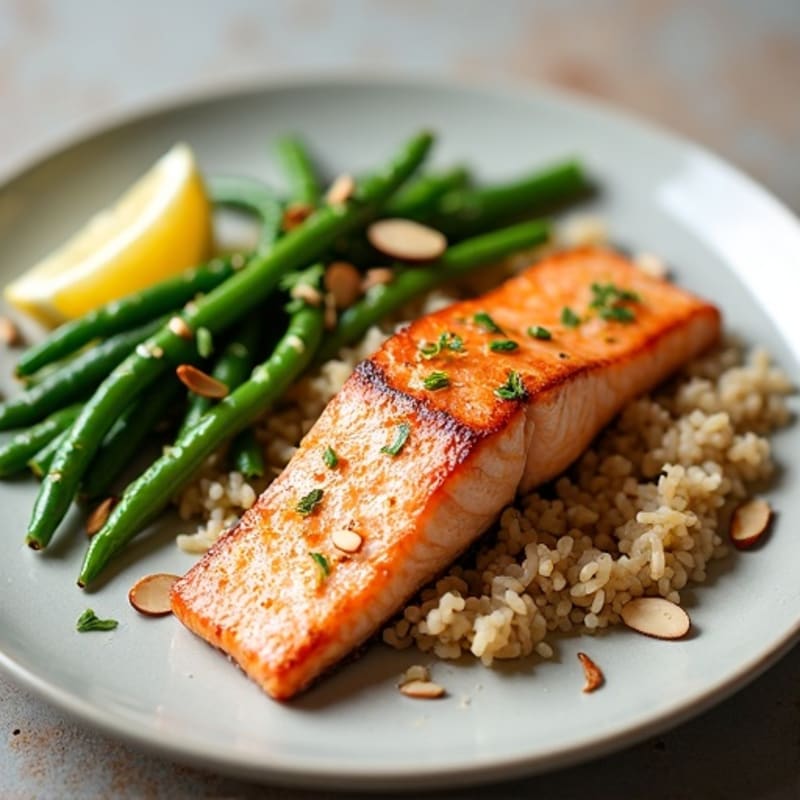 Seared Salmon Fillet with Garlic Green Beans and Brown Rice