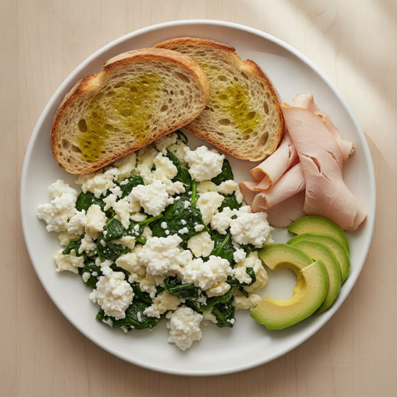 Egg White Spinach Scramble with Cottage Cheese and Sliced Turkey