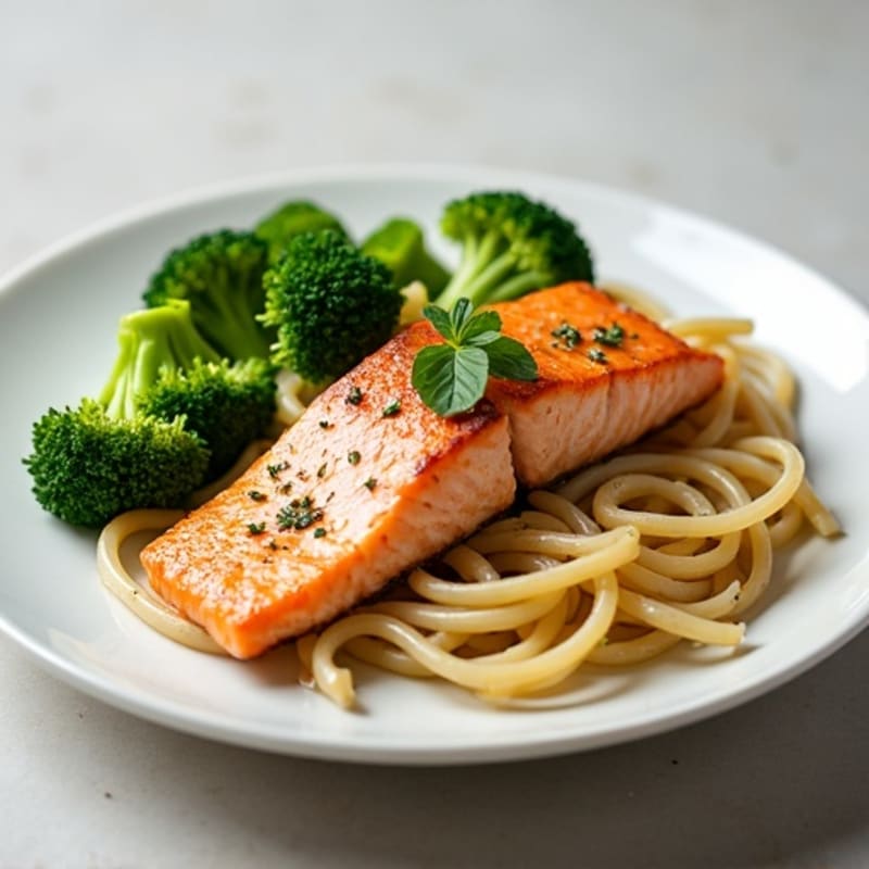 Seared Salmon with Garlic Herb Pasta and Steamed Broccoli