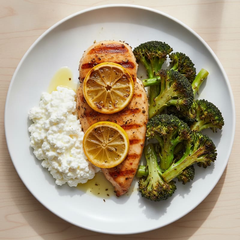 Grilled Chicken Breast with Cottage Cheese and Roasted Broccoli