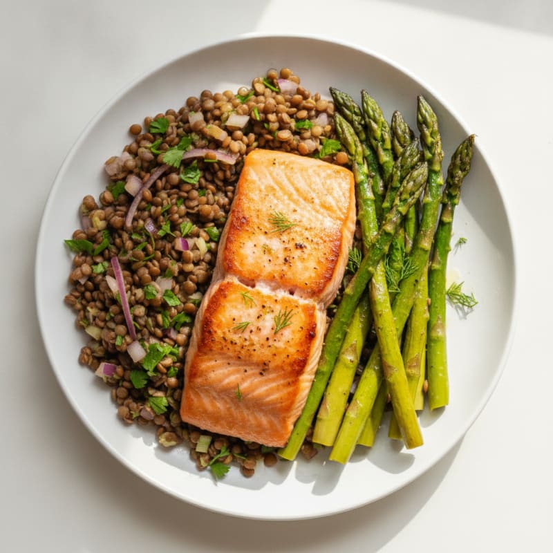 Seared Salmon with Lentil Salad and Roasted Asparagus