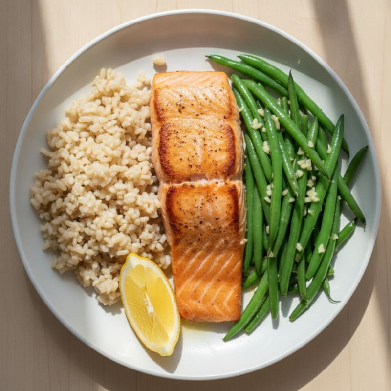 Seared Salmon Fillet with Garlic Green Beans and Brown Rice