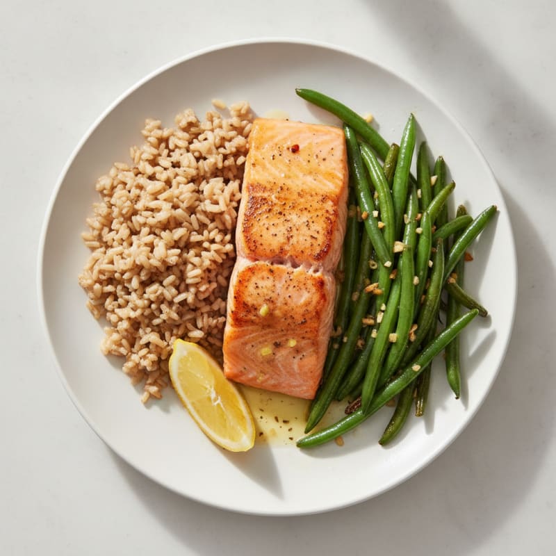 Seared Salmon Fillet with Garlic Green Beans and Brown Rice