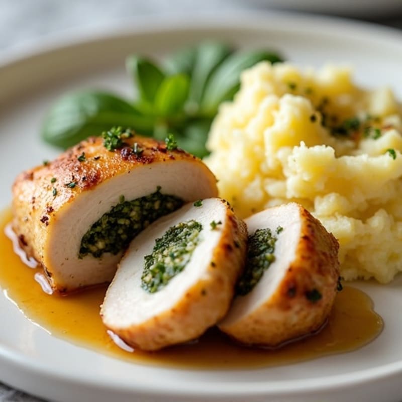 Herb-Stuffed Chicken with Creamy Mashed Potatoes and Savory Pan Sauce