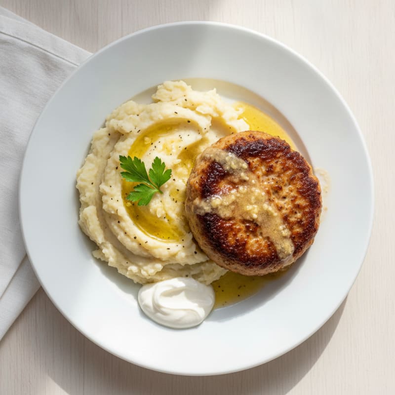 Seared Turkey Burger with Creamy Garlic Mashed Potatoes