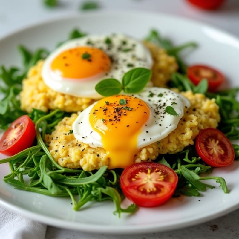 Herb-Seasoned Scrambled Eggs with Creamy Cottage Cheese, Fresh Arugula, and Tomato