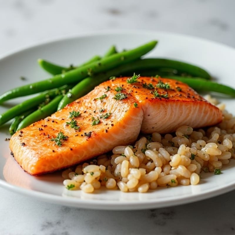 Seared Salmon Fillet with Garlic Green Beans and Brown Rice