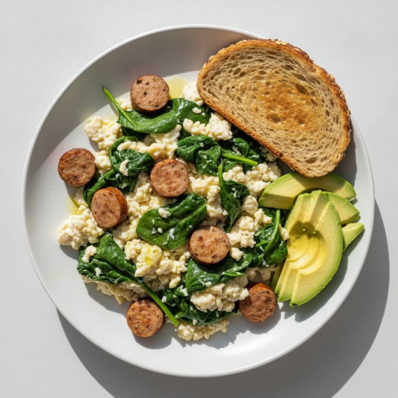 Egg White and Turkey Sausage Scramble with Sautéed Spinach