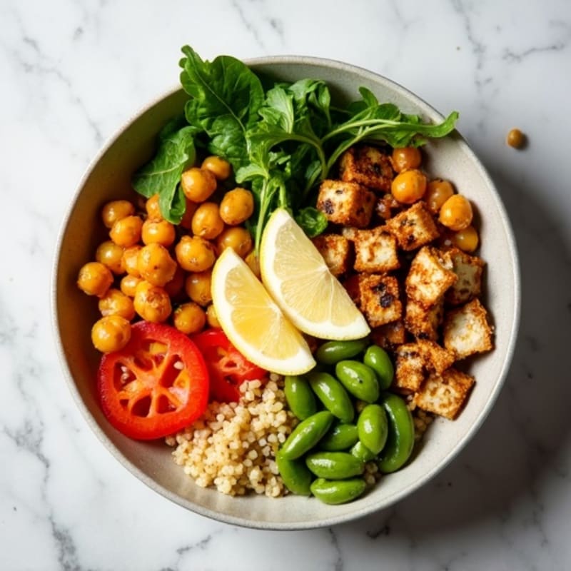 Crispy Roasted Chickpea and Vegetable Power Bowl with Creamy Lemon Tahini Dressing