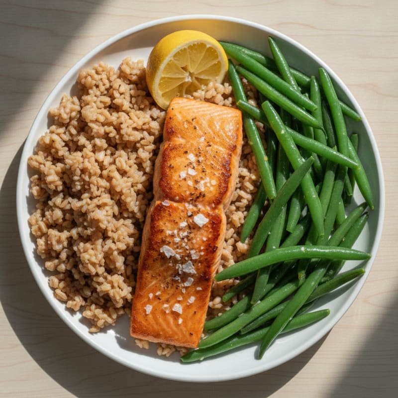 Seared Salmon with Steamed Green Beans and Brown Rice