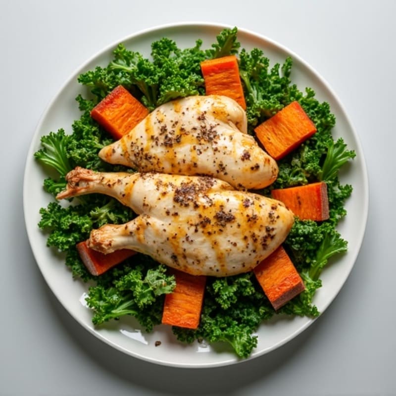 Kale Salad with Lemon-Herb Roasted Chicken and Sweet Potatoes