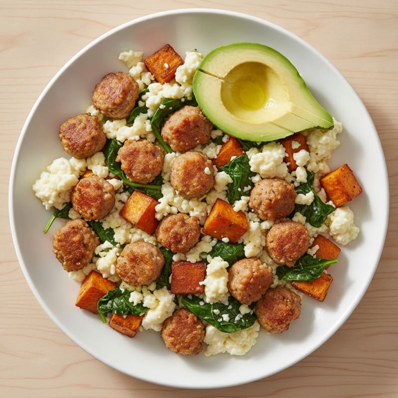 Egg White and Chicken Sausage Power Bowl with Spinach and Sweet Potato