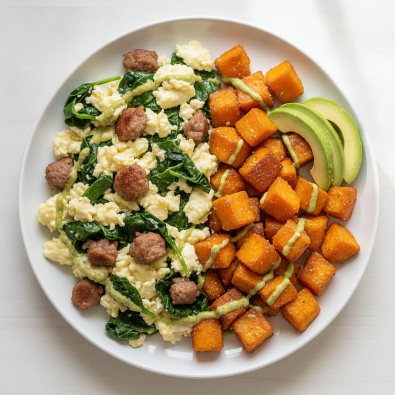 Egg White Spinach Scramble with Turkey Sausage and Roasted Sweet Potato