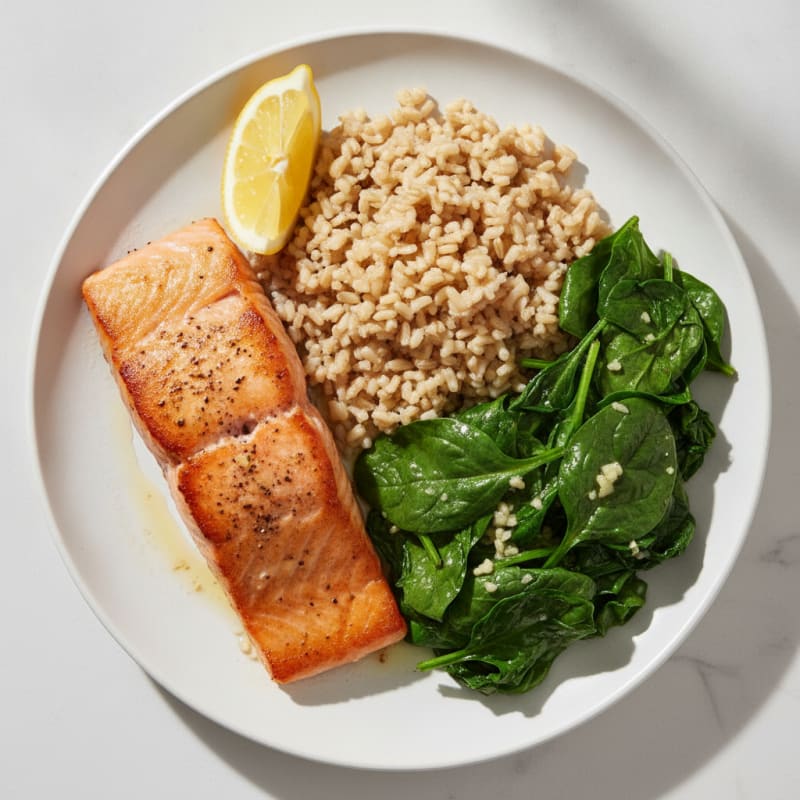 Seared Salmon Fillet with Garlic Spinach and Brown Rice