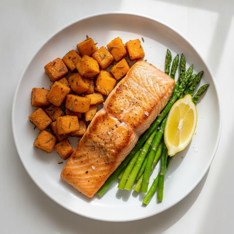 Seared Salmon with Herb-Roasted Sweet Potatoes and Asparagus